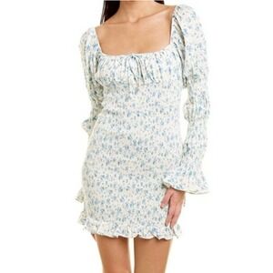 SAULEE Betty Linen Blend Smocked Floral Mini Dress Blue/White Women's Size 8